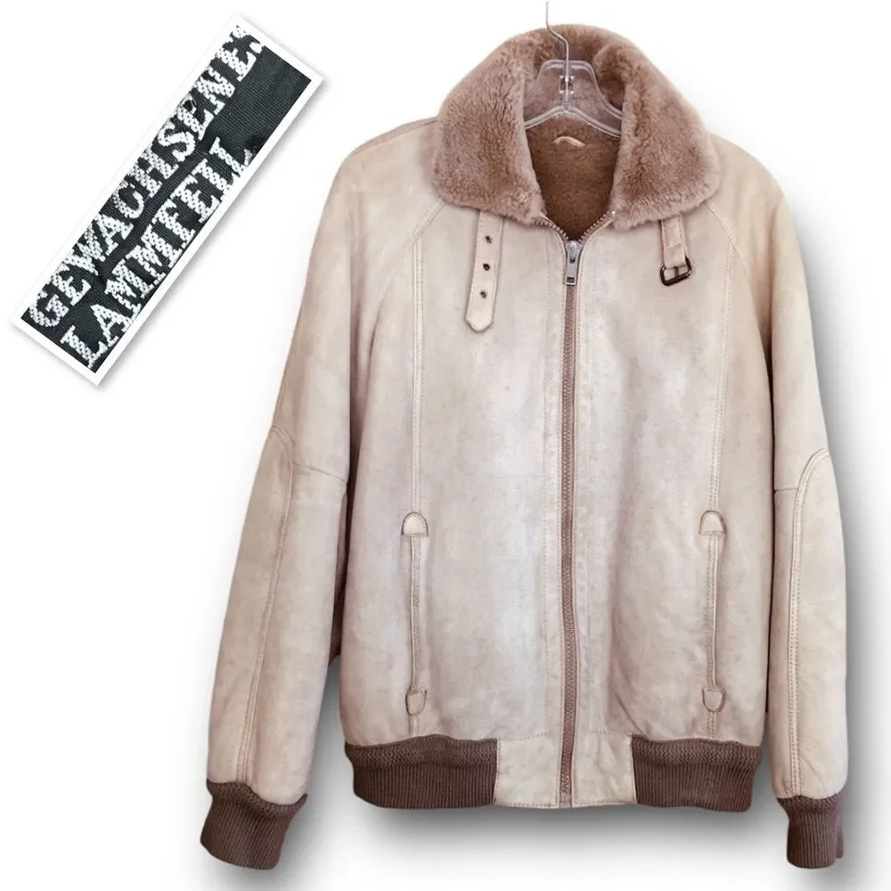 100% Gewachsenes Lammfell Suede Shearling Aviator Bomber Jacket Taupe Sz 50-US M